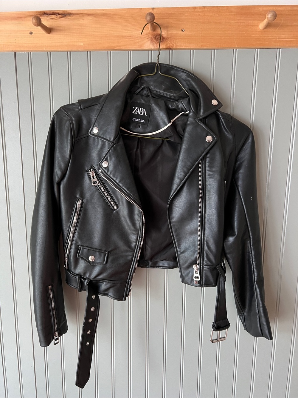 ZARA Black Faux Leather Biker Jacket with Silver Hardware